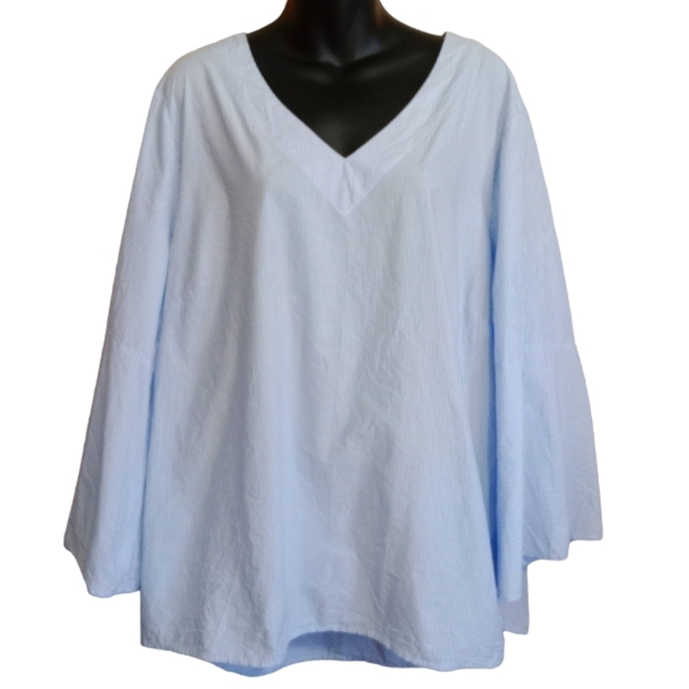 Max Jeans Women's 2X Bell Sleeve Pinstripe V-Neck Blouse